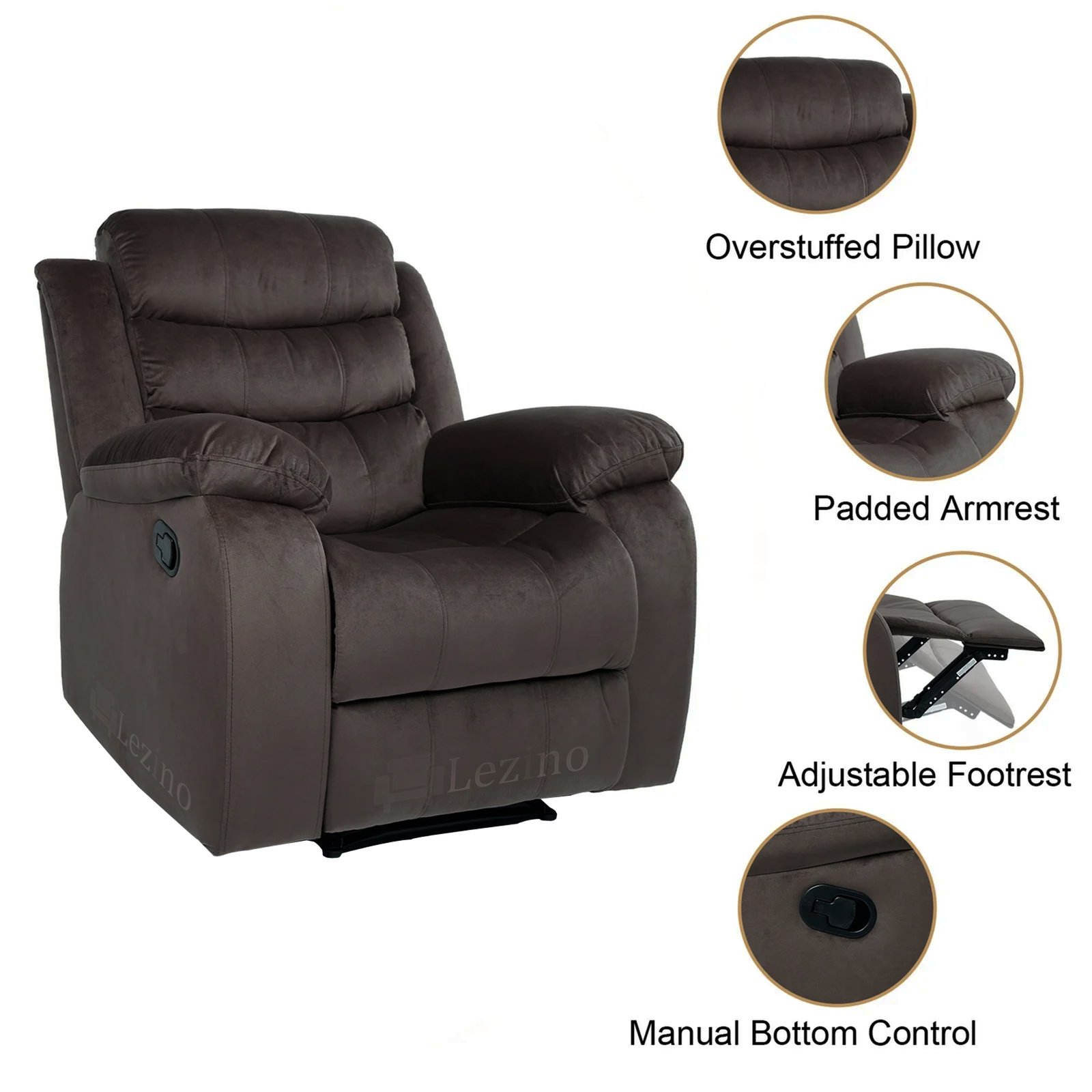 Lezino 1 Seater Manual Recliner Sofa In Brown Suede Fabric
