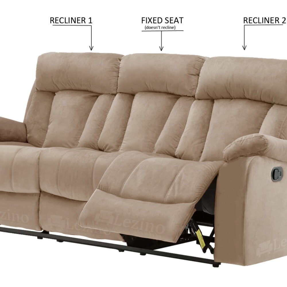 Selino 3 Seater Manual Recliner Sofa 5 Lezino Three Seater Manual Recliner Chair in Beige Colour Suede Fabric
