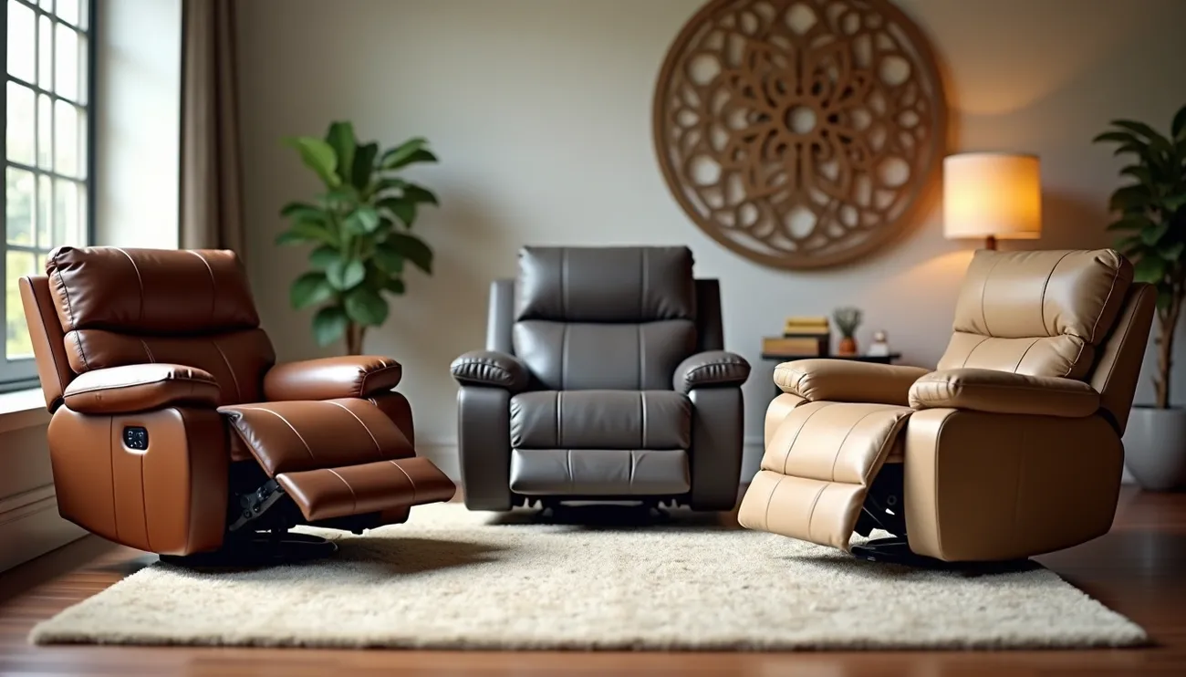 Three leather recliners in brown, black, and beige arranged on a rug in a cozy living room setting.