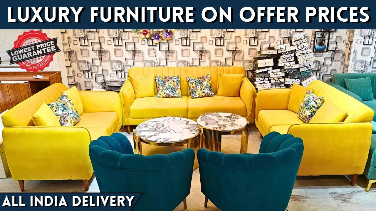 Luxury yellow and teal sofa set with marble coffee tables displayed in Kirti Nagar Furniture Market, Delhi with lowest price guarantee.
