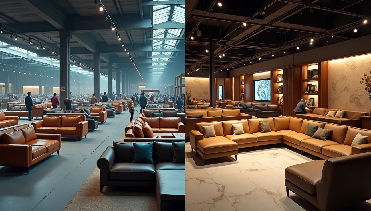 Comparison of spacious, industrial Kirti Nagar sofa showroom and cozy, elegant Khan Market sofa store in Delhi.