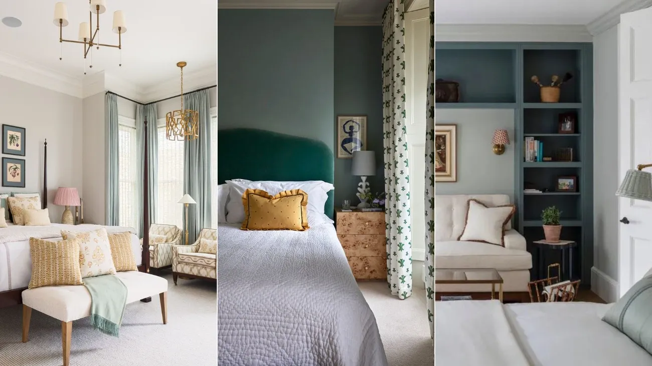 Three stylish bedroom interiors showcasing different layouts with beds, seating, and decorative accents in soft tones.
