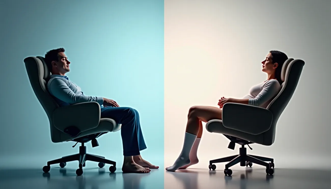 Man and woman sitting barefoot and relaxed in ergonomic office chairs facing each other against split blue and white background.